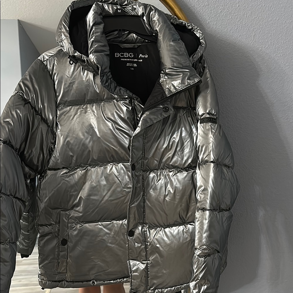 BCBG Metallic Silver Puffer Jacket with Hood